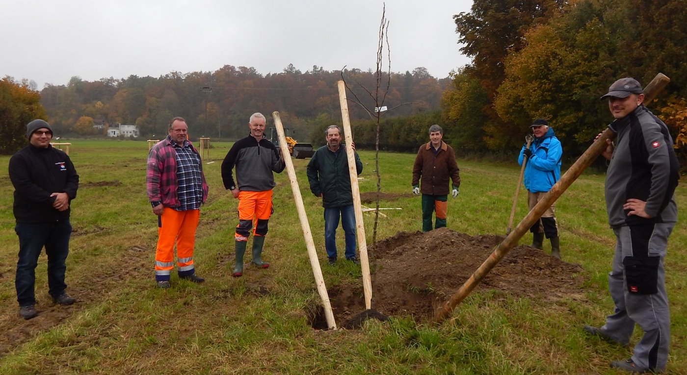 Im Bild (v. li.) Sebastian Sieghart, Siegi Stachl und Baumwart Hubert Köck vom Gemeindebauhof sowie die Helfer aus den Reihen des Gartenbauvereins Günther Baumann, Christian Feuchtner sowie Gerd Drost und Peter Drost.